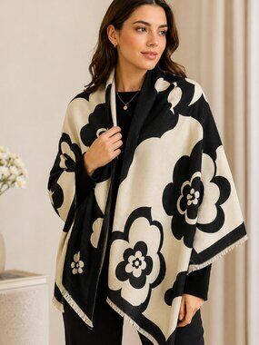 Reversible Black Ivory Floral Shawl Wrap Soft Fringe Scarf New